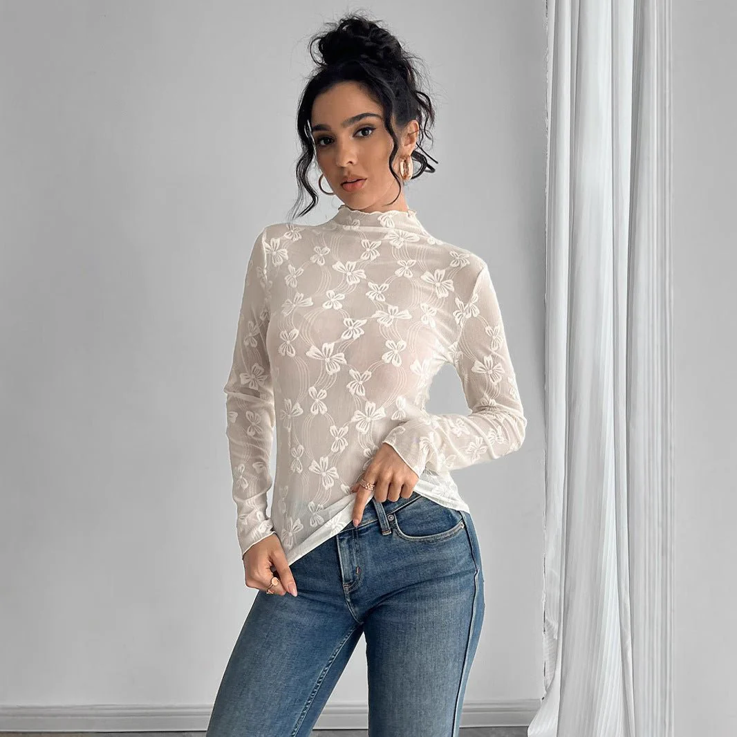 Women's butterfly jacquard mesh slim-fit small stand-up collar long-sleeved T-shirt top - Image 3