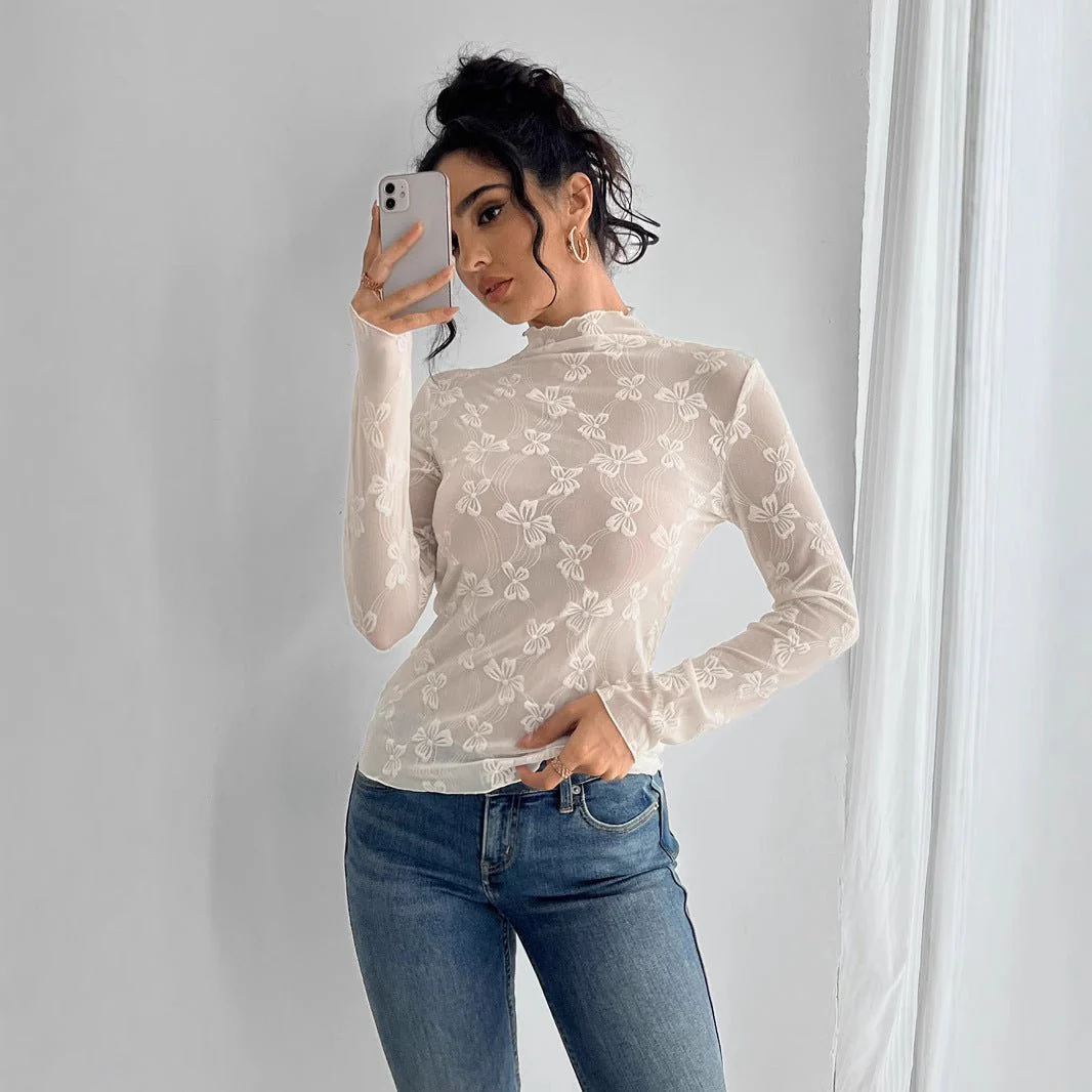 Women's butterfly jacquard mesh slim-fit small stand-up collar long-sleeved T-shirt top - Image 4