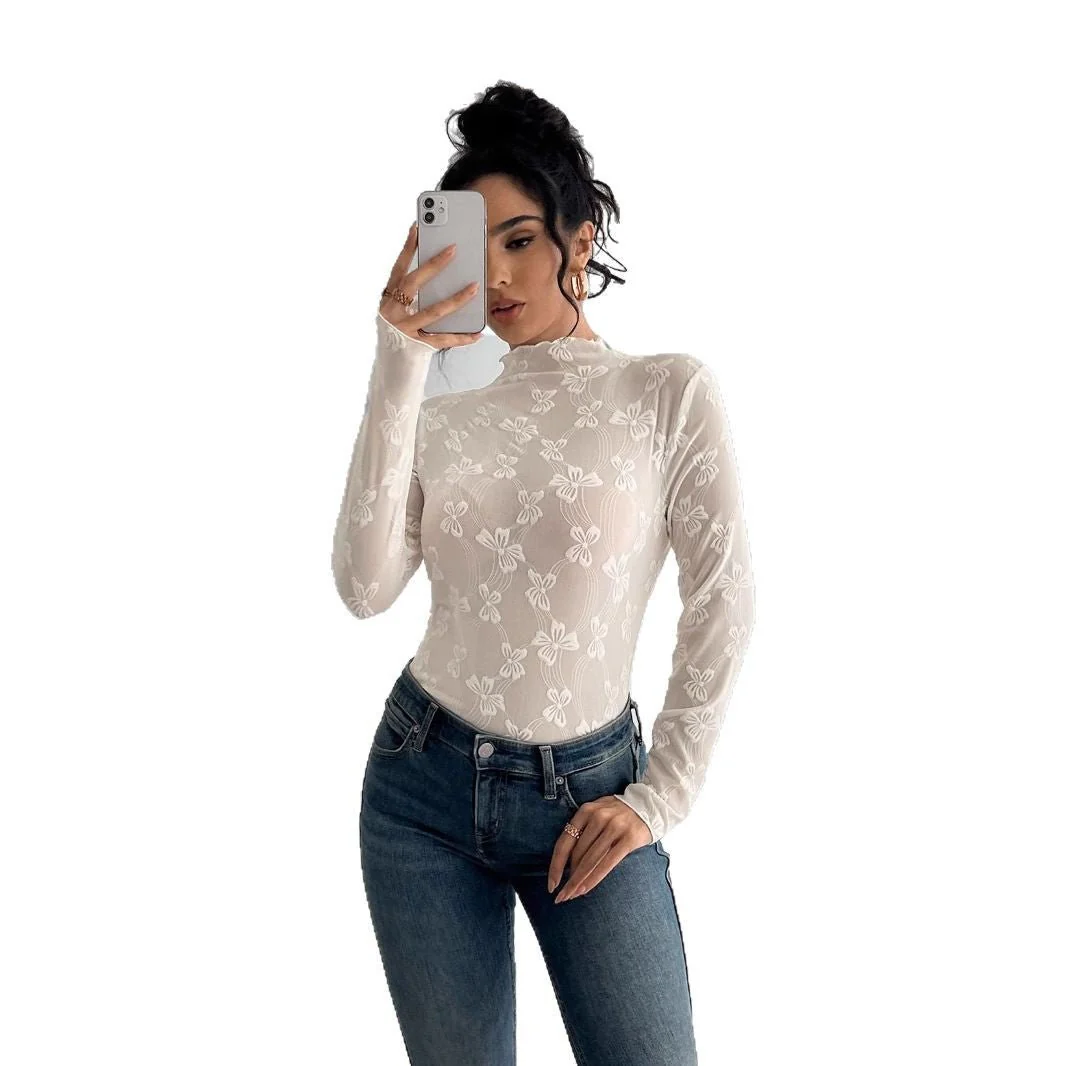 Women's butterfly jacquard mesh slim-fit small stand-up collar long-sleeved T-shirt top - Image 5