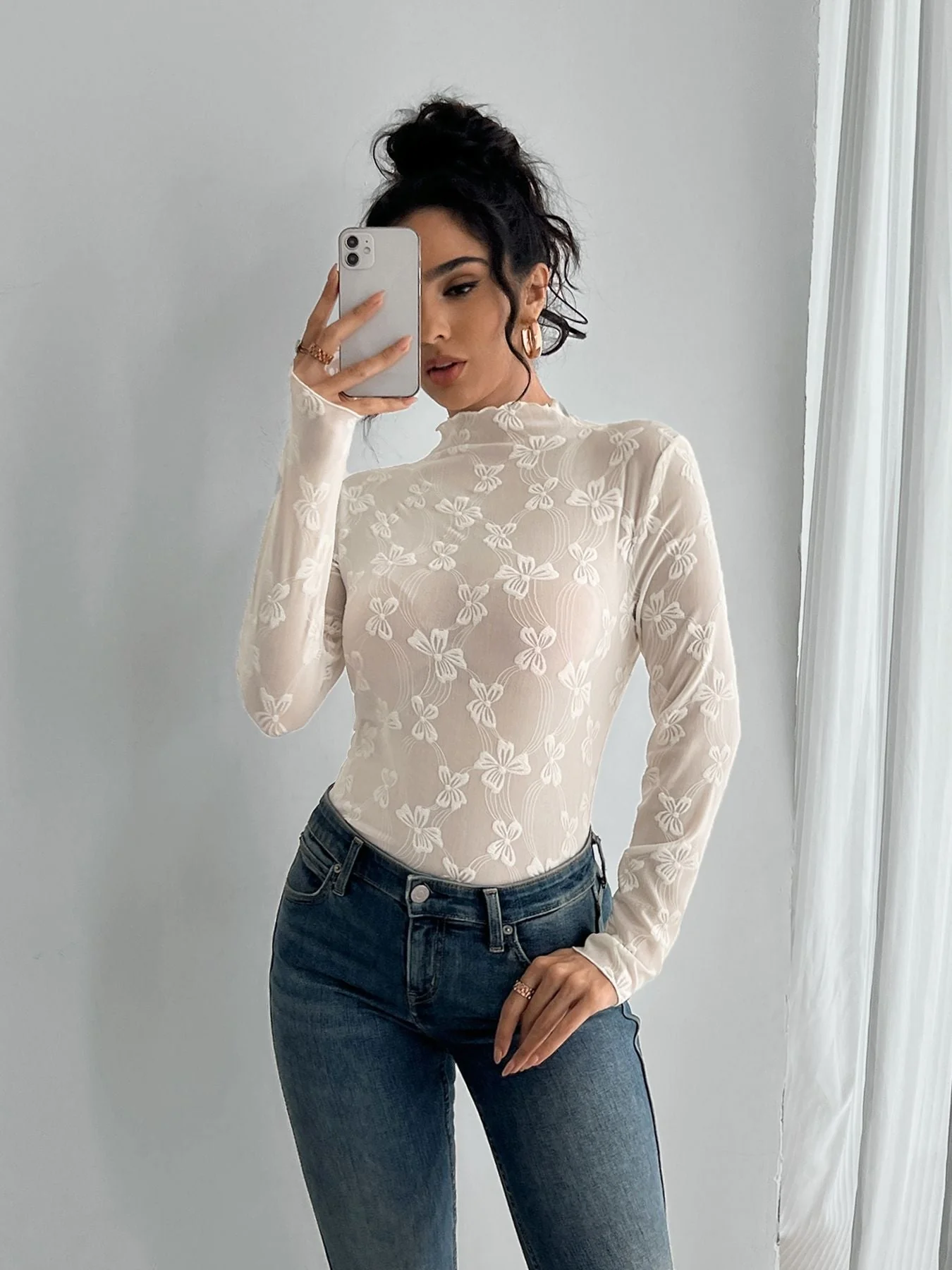 Women's butterfly jacquard mesh slim-fit small stand-up collar long-sleeved T-shirt top - Image 6