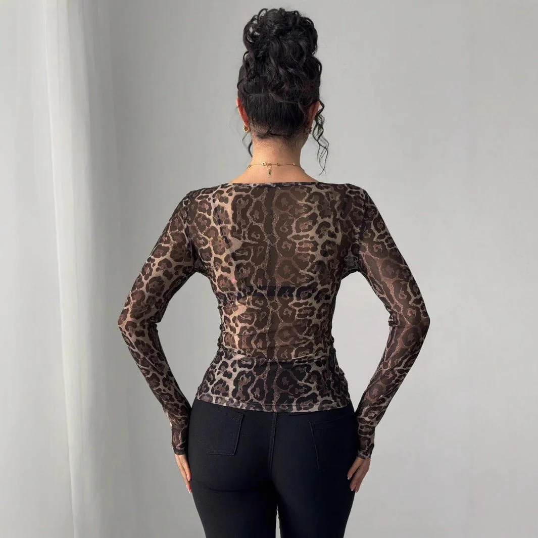 Women's Fashion Transparent Leopard Print Mesh Crew Neck Long Sleeve Slim T-Shirt - Image 2