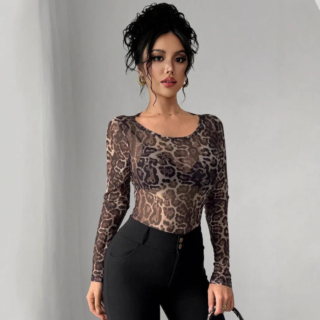 Women's Fashion Transparent Leopard Print Mesh Crew Neck Long Sleeve Slim T-Shirt - Image 4