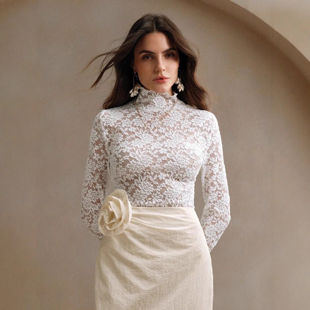 Women's French lace long-sleeved elastic turtleneck T-shirt top women