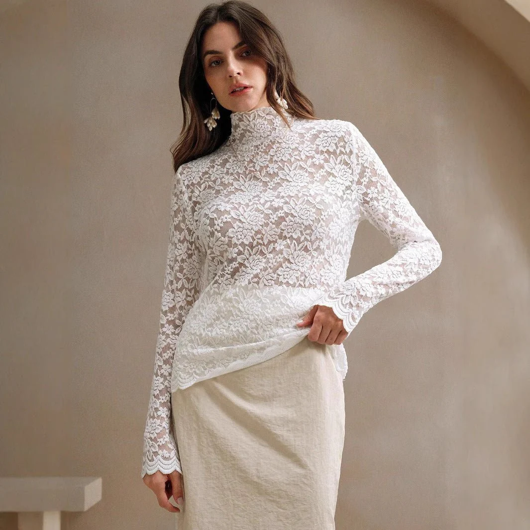 Women's French lace long-sleeved elastic turtleneck T-shirt top women - Image 2