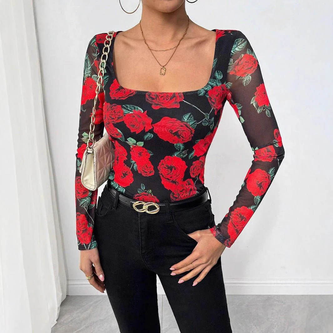 Women's French romantic rose flower mesh printing sexy U-neck T-shirt