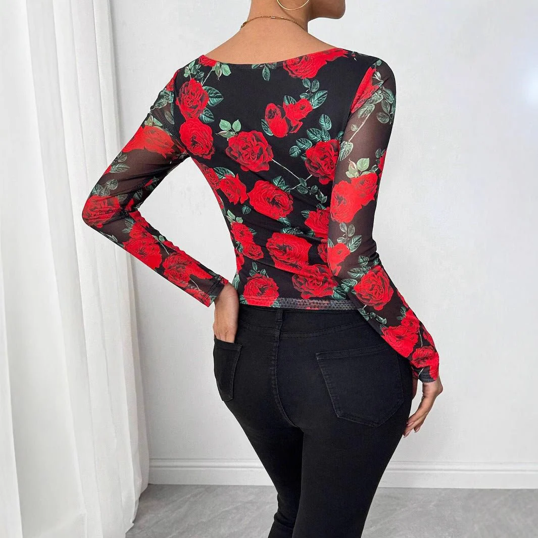 Women's French romantic rose flower mesh printing sexy U-neck T-shirt - Image 2