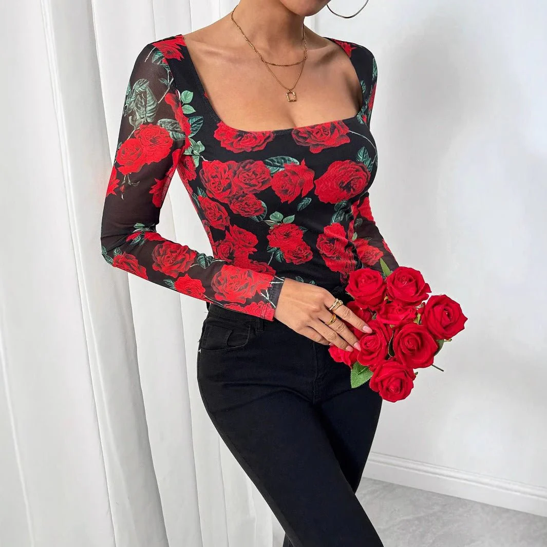 Women's French romantic rose flower mesh printing sexy U-neck T-shirt - Image 4