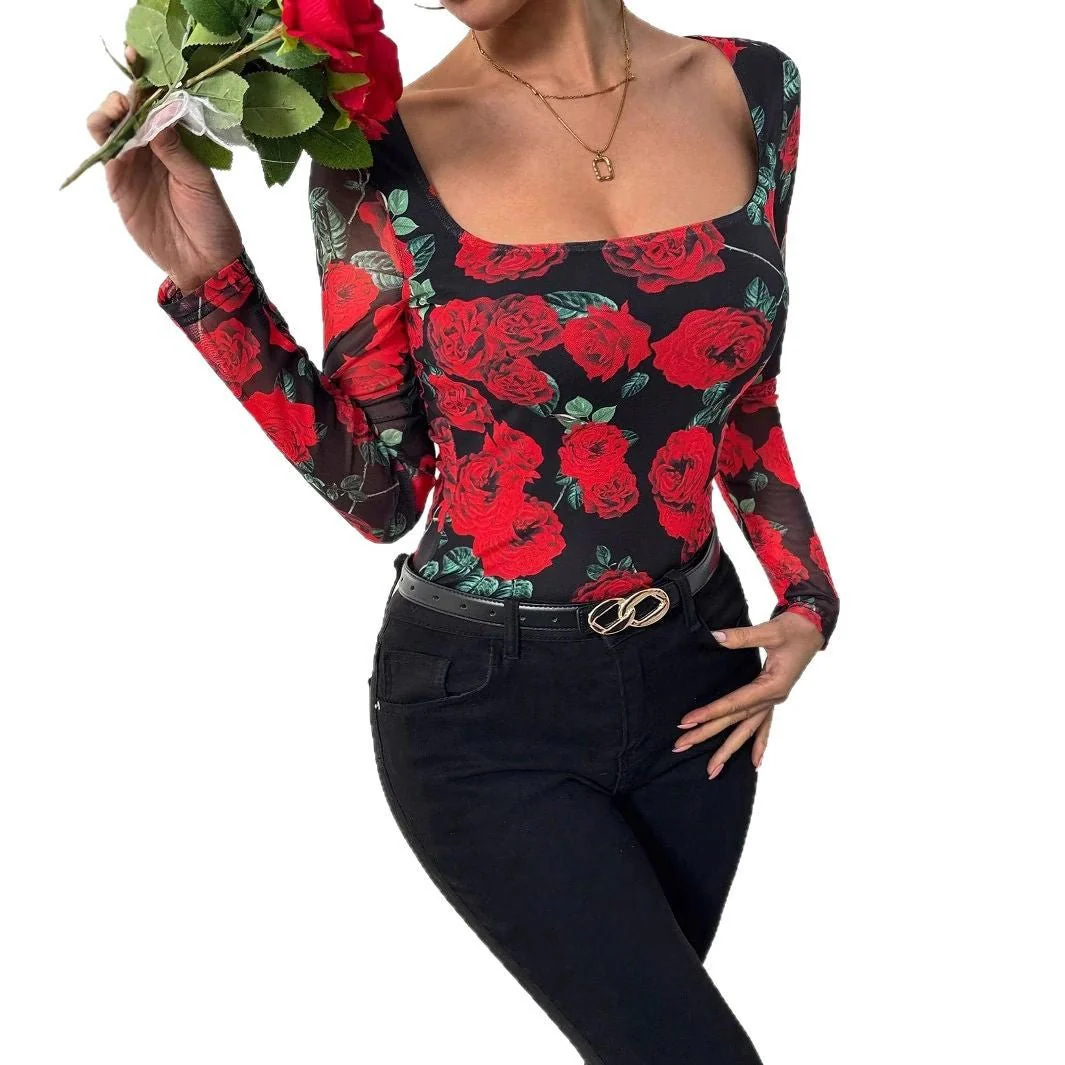Women's French romantic rose flower mesh printing sexy U-neck T-shirt - Image 5