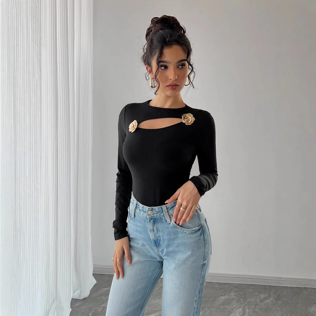 Women's hollow rose metal decoration black tight long-sleeved T-shirt top