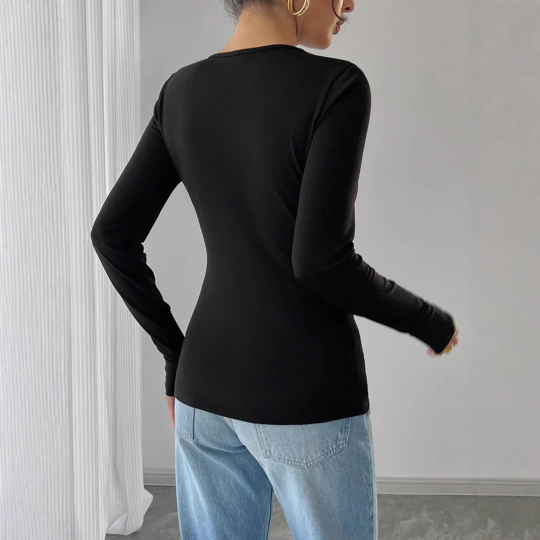 Women's hollow rose metal decoration black tight long-sleeved T-shirt top - Image 2