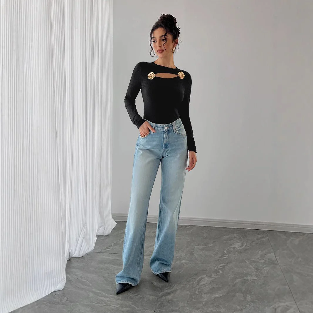 Women's hollow rose metal decoration black tight long-sleeved T-shirt top - Image 3