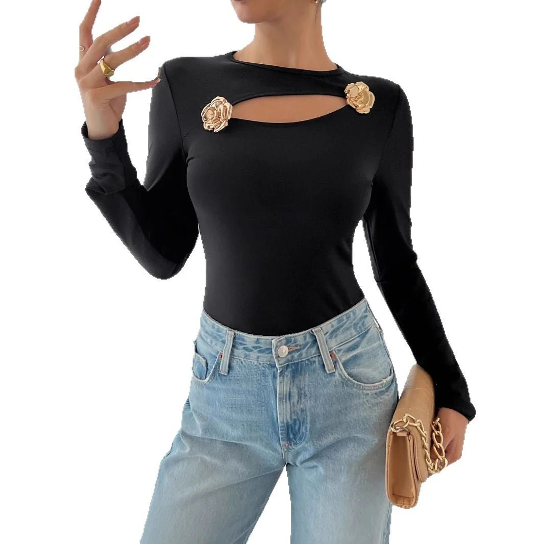 Women's hollow rose metal decoration black tight long-sleeved T-shirt top - Image 5