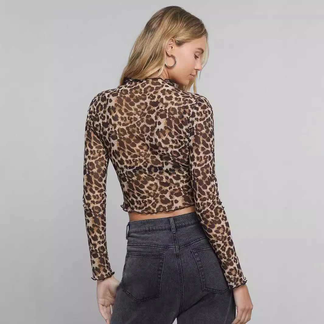 Women's mesh leopard print printed stand-up collar long-sleeved short T-shirt top women - Image 2