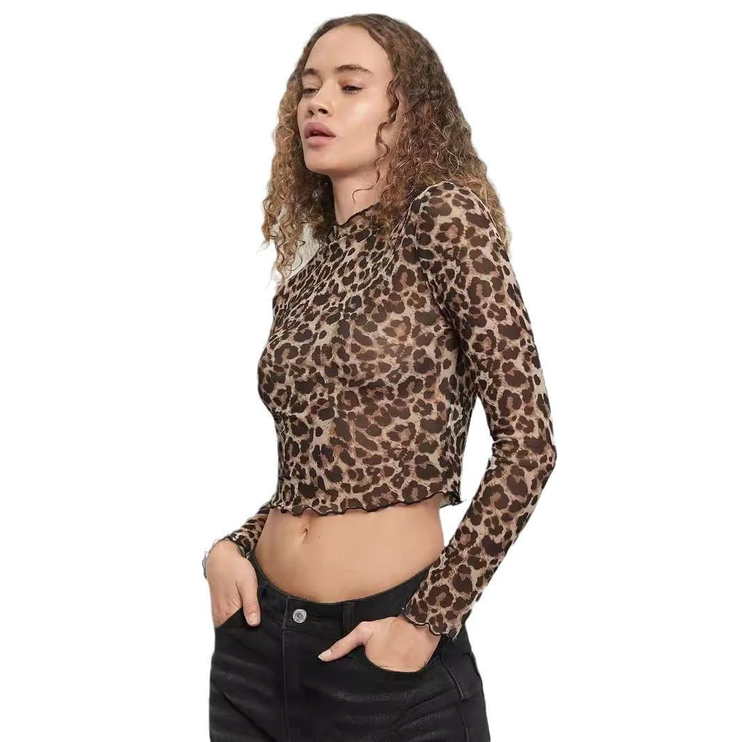 Women's mesh leopard print printed stand-up collar long-sleeved short T-shirt top women - Image 5