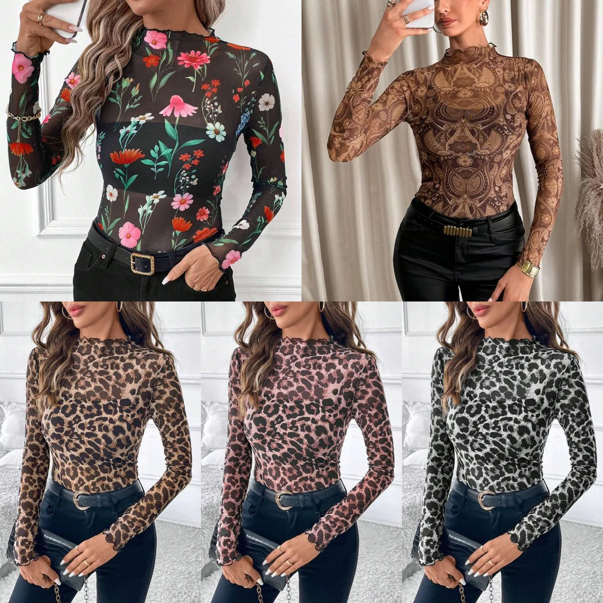Women's sexy sense leopard print mesh fungus edge tights T-shirt top
