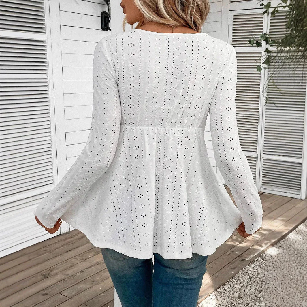 Women's slim-fitting V-neck splicing lace long-sleeved T-shirt top women's clothing - Image 2