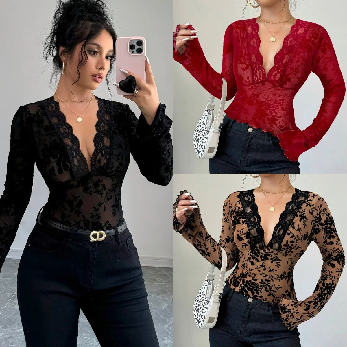 Women's V-neck lace mesh horn sleeve T-shirt top women