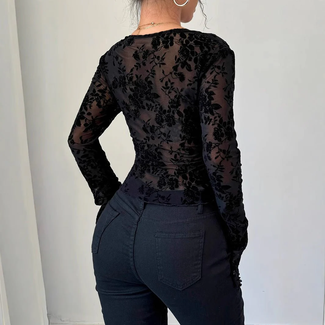 Women's V-neck lace mesh horn sleeve T-shirt top women - Image 4